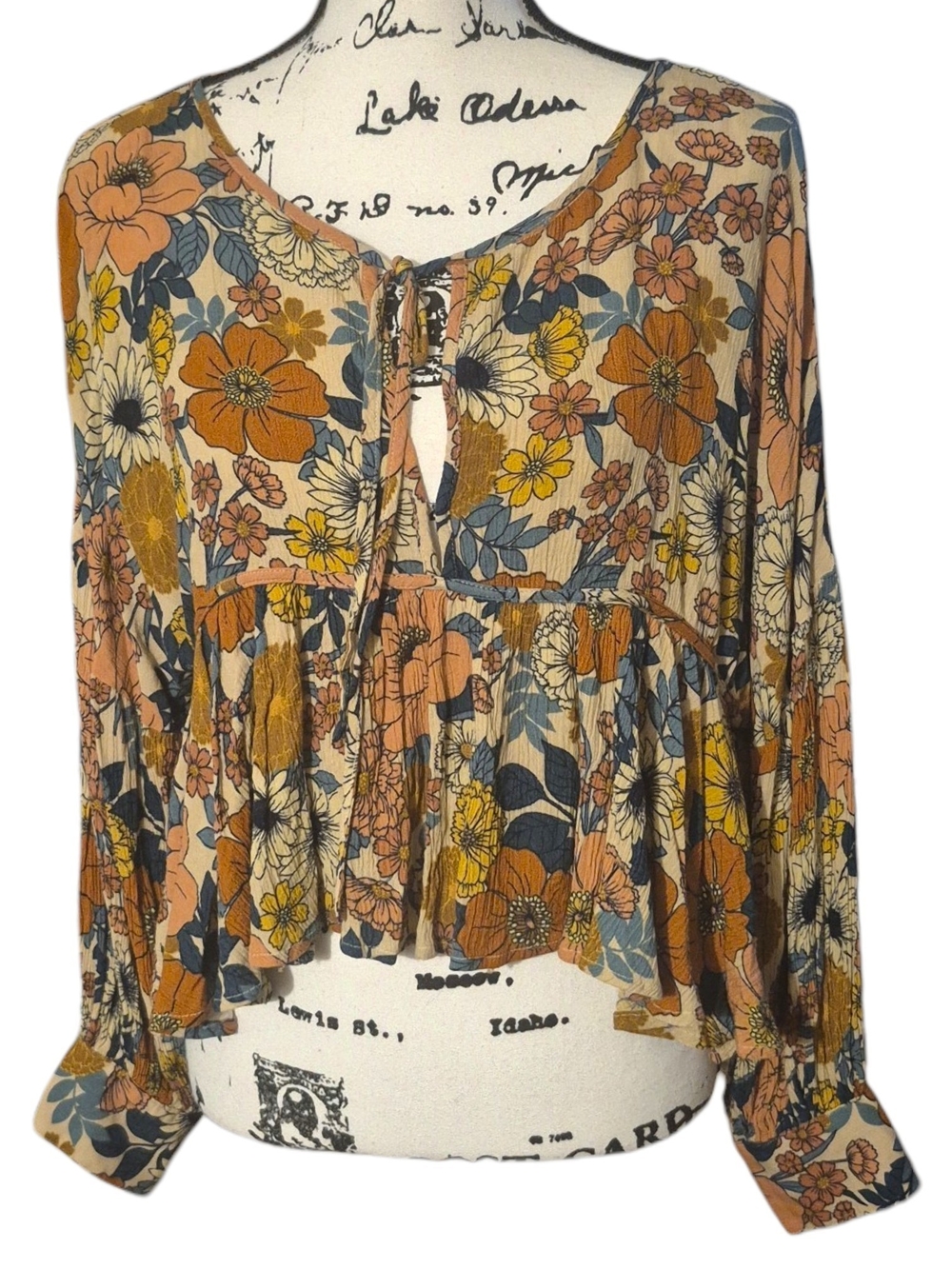 O'Neill Floral Peasant Blouse L Boho Babydoll Viscose 70s Cottagecore Retro Y2K